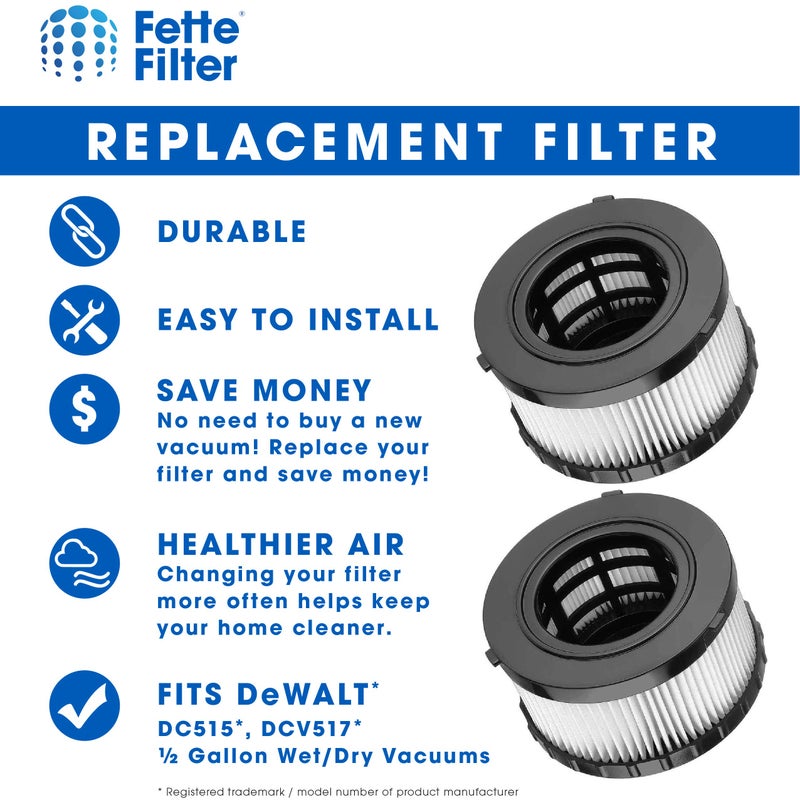 Fette Filter فلتر فيتي - فلتر HEPA متوافق مع نماذج مكنسة ديوالت الرطبة والجافة DC515 DCV517 DCV517B رقم الجزء # DC5151H يتضمن 2 فلتر بديل. - Image 3